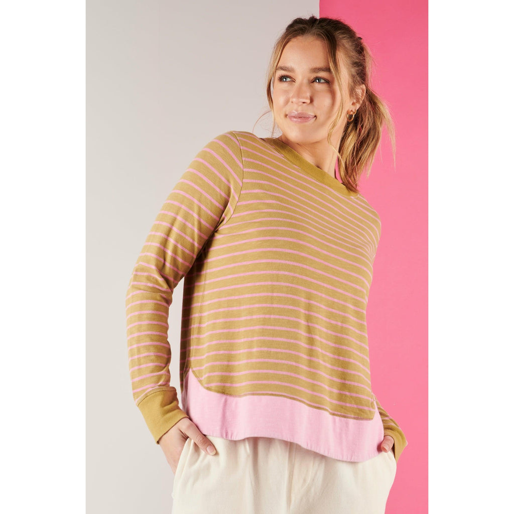 Scoop Hem Top - Khaki Stripe - Willow and Vine